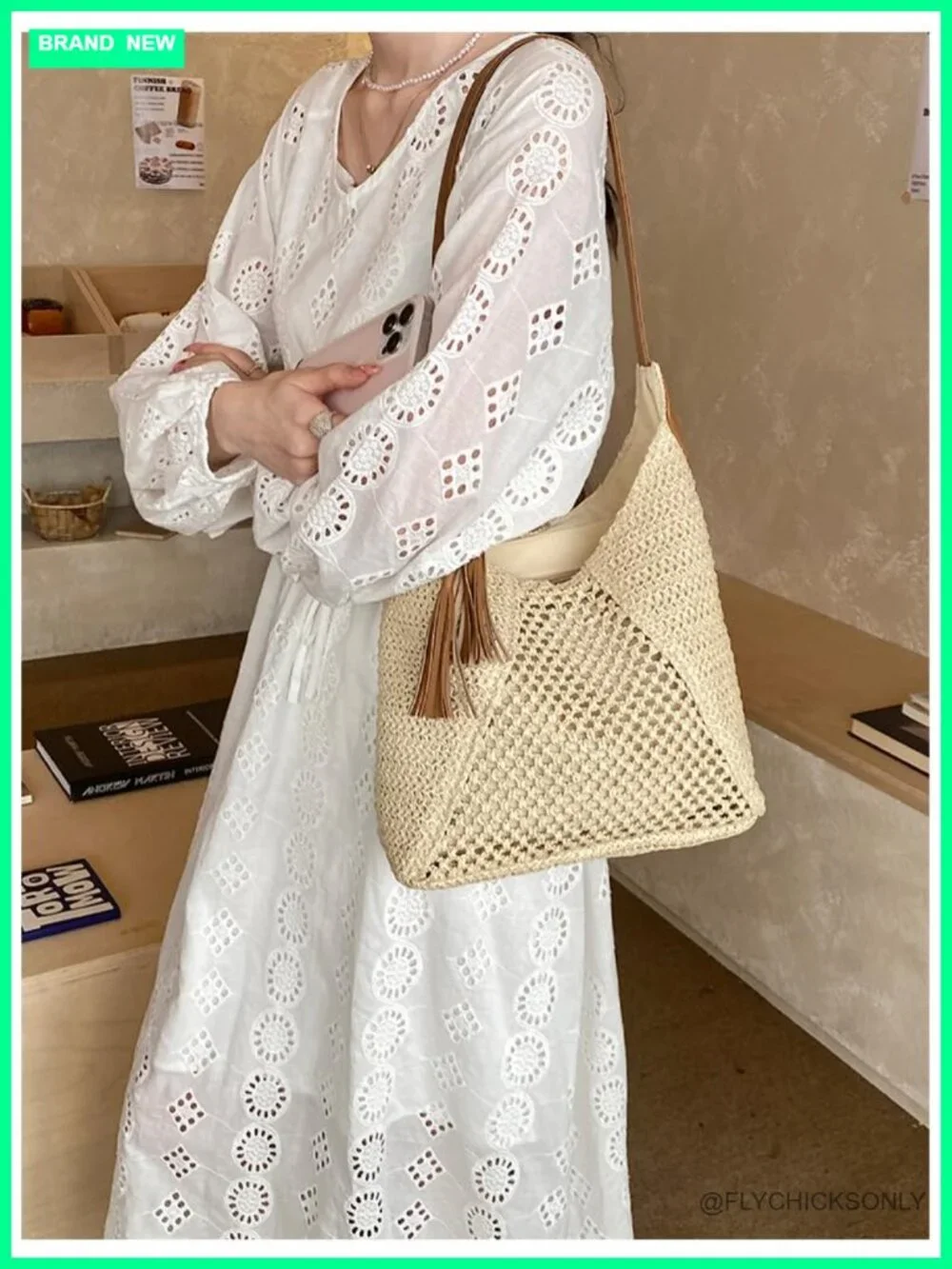 Hollow Crochet Straw Hobo Shoulder Bag with Tassel Decor PU Strap Woven Raffia
